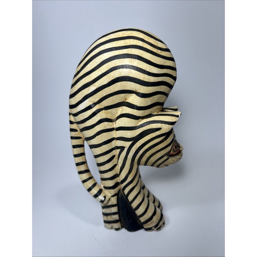 Vintage Hand Painted And Carved Wooden Striped Cat Art Deco Piece